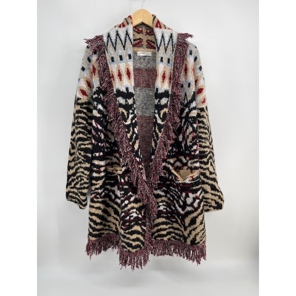 Anthropologie Longline Fringe Cardigan Animal Print Sweater M